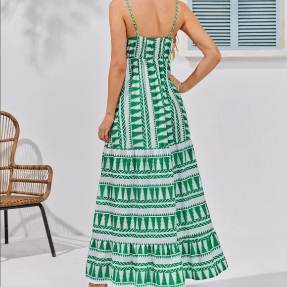 Boho Geo Abstract Print Cami Maxi Dress GREEN - Picture 2 of 11